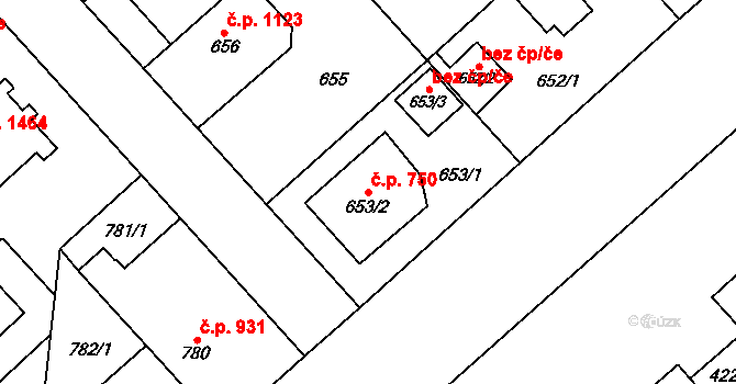 Doubravka 750, Plzeň na parcele st. 653/2 v KÚ Doubravka, Katastrální mapa