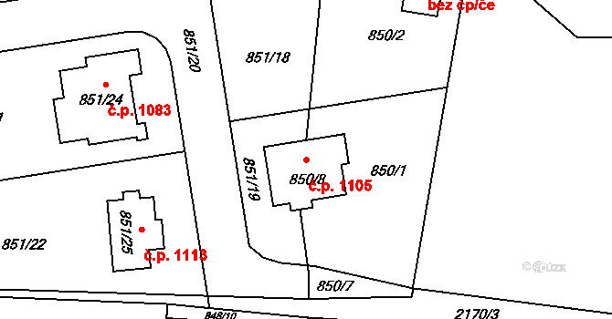 Ruzyně 1105, Praha na parcele st. 850/8 v KÚ Ruzyně, Katastrální mapa