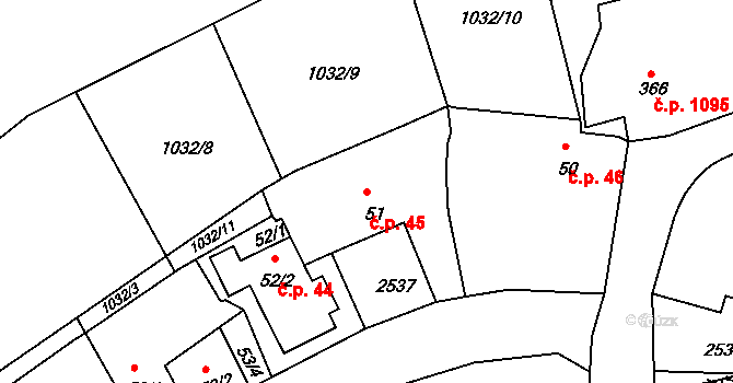Luhačovice 45 na parcele st. 51 v KÚ Luhačovice, Katastrální mapa