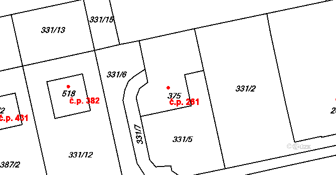 Kostelec 261, Zlín na parcele st. 375 v KÚ Kostelec u Zlína, Katastrální mapa