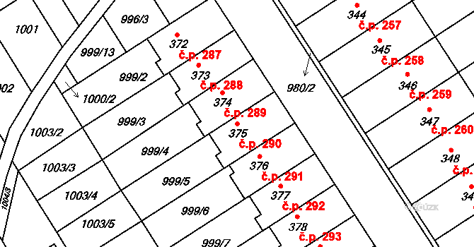 Hostěrádky-Rešov 290 na parcele st. 375 v KÚ Hostěrádky, Katastrální mapa