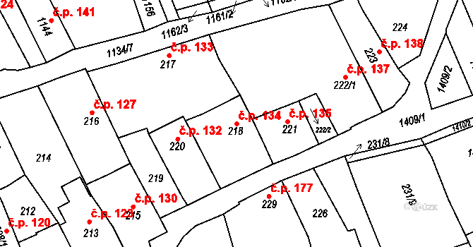 Buchlovice 134 na parcele st. 218 v KÚ Buchlovice, Katastrální mapa