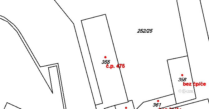 Mostecké Předměstí 475, Bílina na parcele st. 355 v KÚ Břežánky, Katastrální mapa
