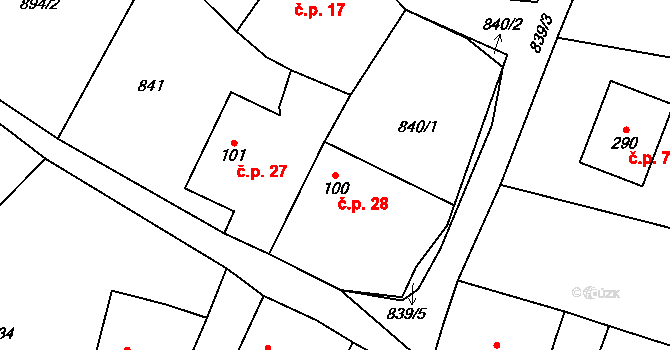 Dachov 28, Miřetice na parcele st. 100 v KÚ Miřetice u Nasavrk, Katastrální mapa