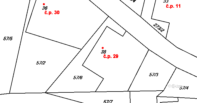Křižanovice 29 na parcele st. 38 v KÚ Křižanovice, Katastrální mapa