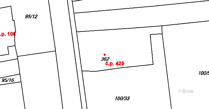 Rudná 425 na parcele st. 362 v KÚ Dušníky u Rudné, Katastrální mapa