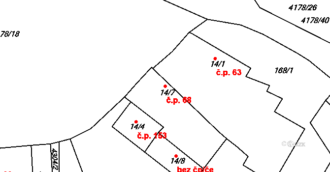 Přehýšov 68 na parcele st. 14/7 v KÚ Přehýšov, Katastrální mapa