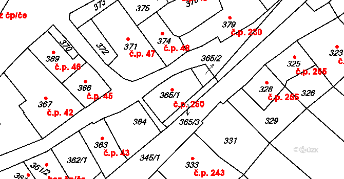 Olešnice 250 na parcele st. 365/1 v KÚ Olešnice na Moravě, Katastrální mapa