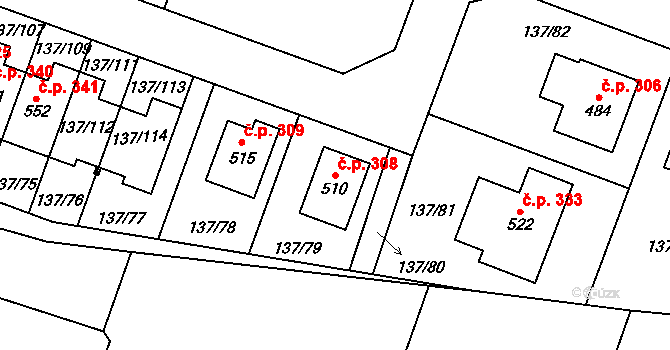 Příchovice 308 na parcele st. 510 v KÚ Příchovice u Přeštic, Katastrální mapa