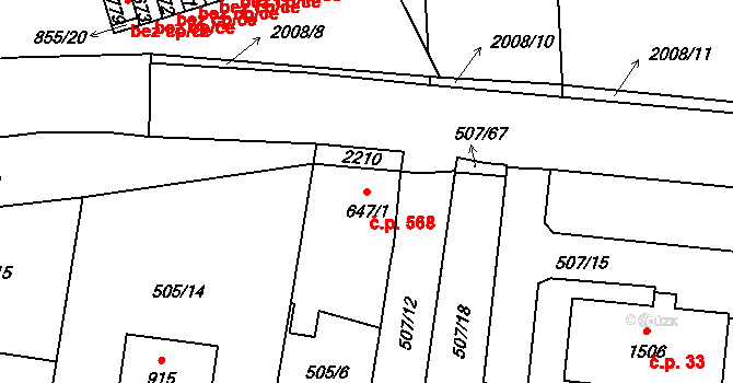 Blatná 568 na parcele st. 647/1 v KÚ Blatná, Katastrální mapa