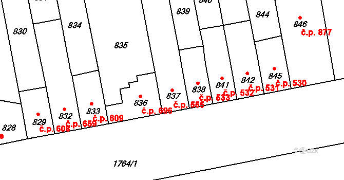 Trmice 555 na parcele st. 837 v KÚ Trmice, Katastrální mapa