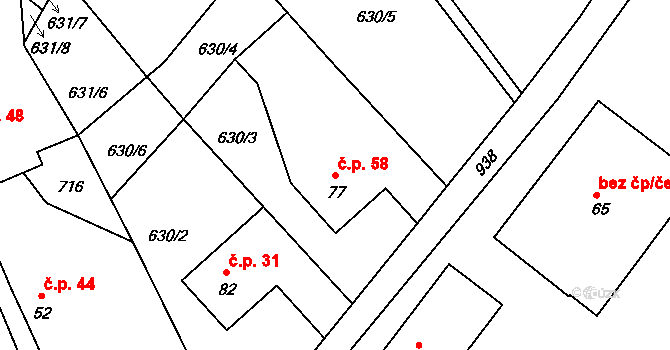 Olešenka 58 na parcele st. 77 v KÚ Olešenka, Katastrální mapa