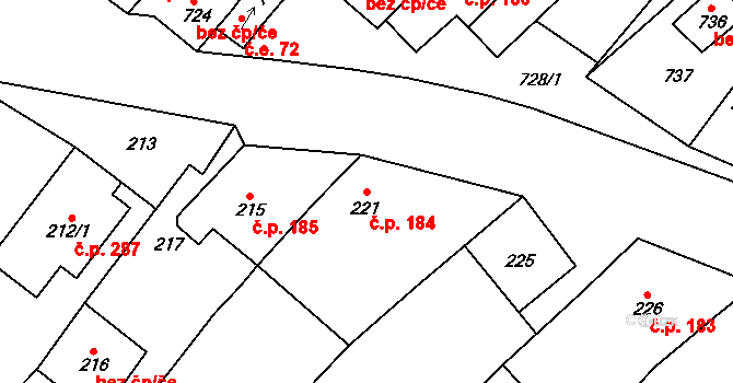 Perná 184 na parcele st. 221 v KÚ Perná, Katastrální mapa