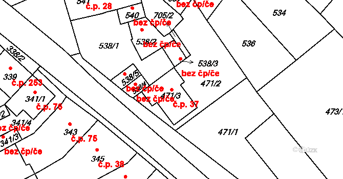 Vážany 37, Kroměříž na parcele st. 471/3 v KÚ Vážany u Kroměříže, Katastrální mapa