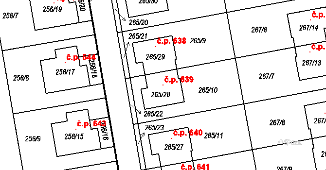 Želešice 639 na parcele st. 265/28 v KÚ Želešice, Katastrální mapa