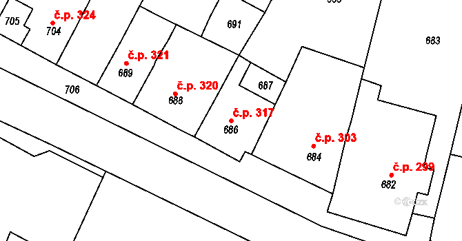 Plumlov 317 na parcele st. 686 v KÚ Plumlov, Katastrální mapa