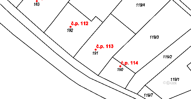 Horní Dunajovice 113 na parcele st. 191 v KÚ Horní Dunajovice, Katastrální mapa