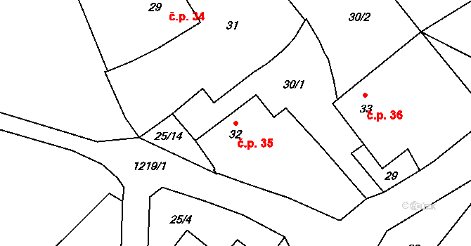 Růžená 35 na parcele st. 32 v KÚ Růžená, Katastrální mapa