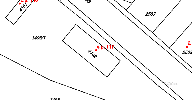 Čelákovice 117 na parcele st. 4102 v KÚ Čelákovice, Katastrální mapa