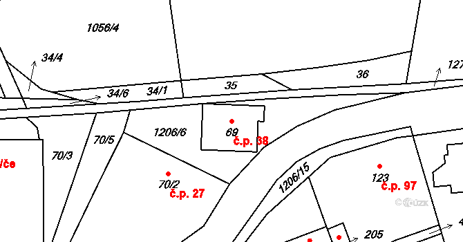 Dolní Štěpanice 38, Benecko na parcele st. 69 v KÚ Dolní Štěpanice, Katastrální mapa