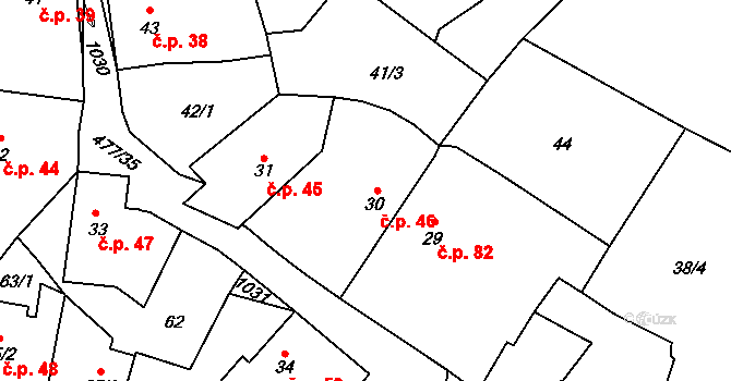 Hořiněves 46 na parcele st. 30 v KÚ Hořiněves, Katastrální mapa