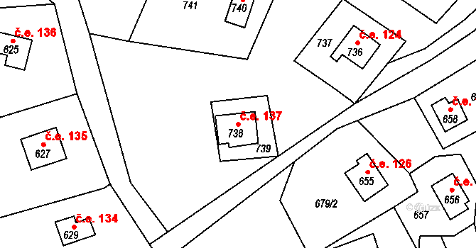 Hrubá Voda 137, Hlubočky na parcele st. 738 v KÚ Hrubá Voda, Katastrální mapa