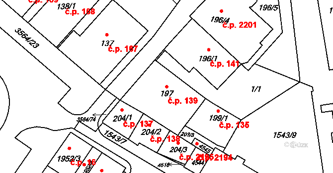 Rožnov pod Radhoštěm 139 na parcele st. 197 v KÚ Rožnov pod Radhoštěm, Katastrální mapa