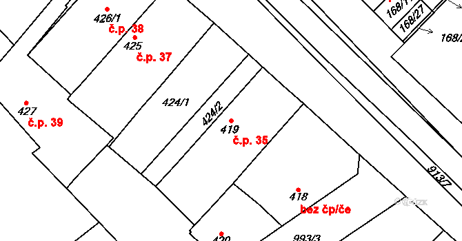 Milovice 35 na parcele st. 419 v KÚ Milovice nad Labem, Katastrální mapa