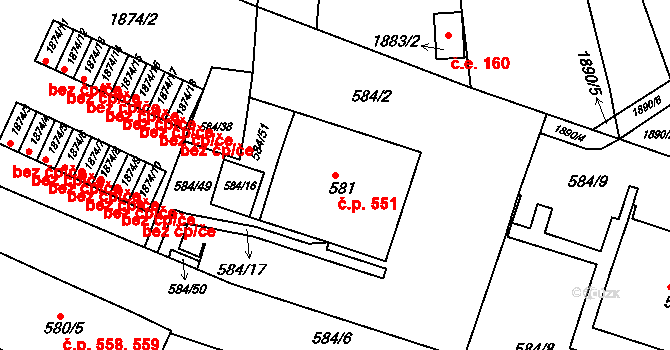 Komín 551, Brno na parcele st. 581 v KÚ Komín, Katastrální mapa