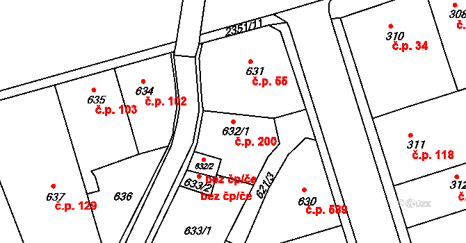 Trnovany 200, Teplice na parcele st. 632/1 v KÚ Teplice-Trnovany, Katastrální mapa