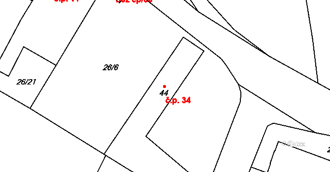 Olešnice 34 na parcele st. 44 v KÚ Olešnice nad Cidlinou, Katastrální mapa