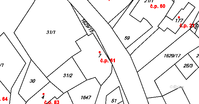 Rešov 61, Horní Město na parcele st. 7 v KÚ Rešov, Katastrální mapa