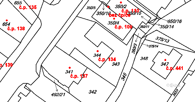 Jablunkov 134 na parcele st. 344 v KÚ Jablunkov, Katastrální mapa