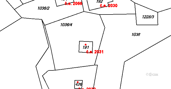 Černé Voděrady 2031 na parcele st. 191 v KÚ Černé Voděrady, Katastrální mapa