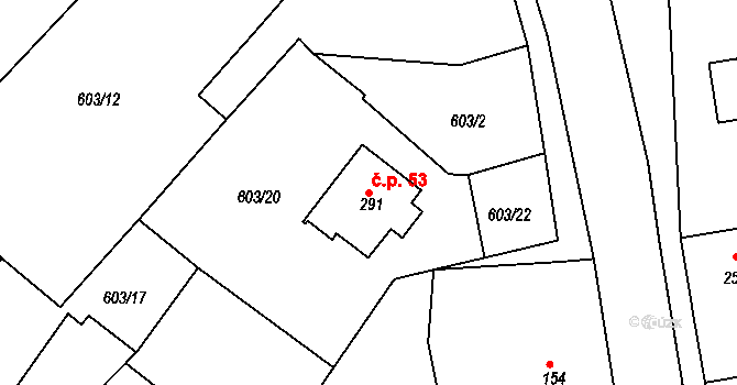 Čachovice 53 na parcele st. 291 v KÚ Čachovice, Katastrální mapa