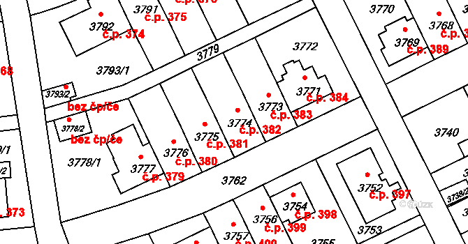 Záběhlice 382, Praha na parcele st. 3774 v KÚ Záběhlice, Katastrální mapa