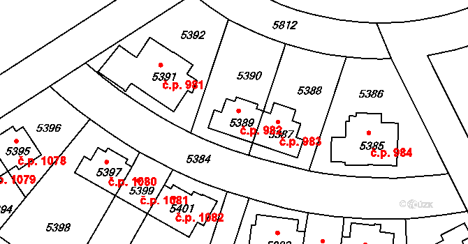 Záběhlice 982, Praha na parcele st. 5389 v KÚ Záběhlice, Katastrální mapa