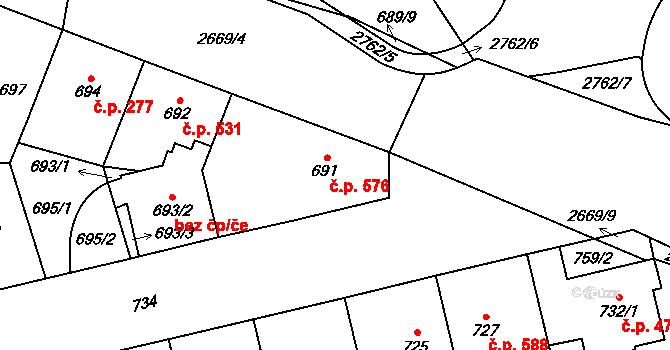 Hostivař 576, Praha 10 na parcele st. 691 v KÚ Hostivař, Katastrální mapa