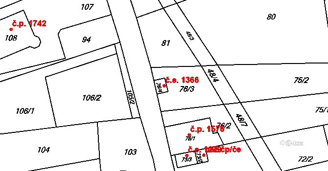 Kuřim 1366 na parcele st. 76/4 v KÚ Kuřim, Katastrální mapa