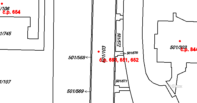 Ráj 651,652,653, Karviná na parcele st. 501/103 v KÚ Ráj, Katastrální mapa