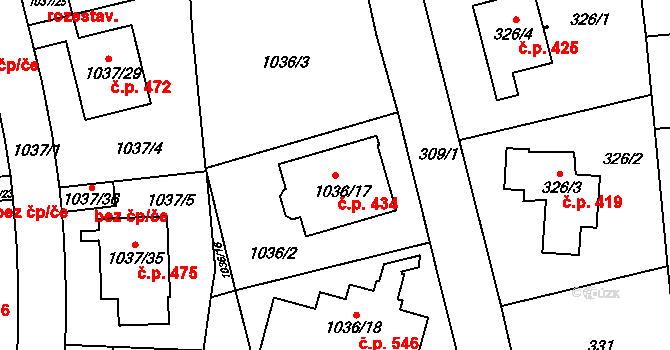Velká Chuchle 434, Praha na parcele st. 1036/17 v KÚ Velká Chuchle, Katastrální mapa