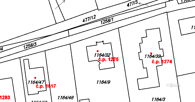 Hostivice 1275 na parcele st. 1164/32 v KÚ Hostivice, Katastrální mapa