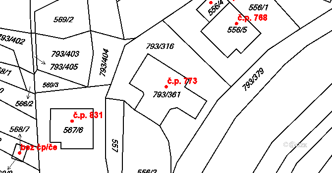 Výškovice 773, Ostrava na parcele st. 793/361 v KÚ Výškovice u Ostravy, Katastrální mapa