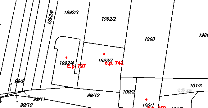 Střelice 742 na parcele st. 1992/7 v KÚ Střelice u Brna, Katastrální mapa