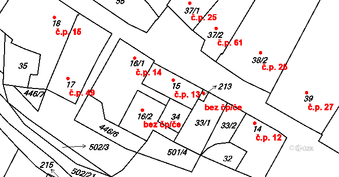 Láz 13 na parcele st. 15 v KÚ Láz u Nových Syrovic, Katastrální mapa