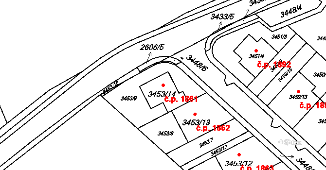 Kuřim 1861 na parcele st. 3453/14 v KÚ Kuřim, Katastrální mapa