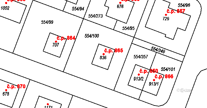 Bašť 865 na parcele st. 836 v KÚ Bašť, Katastrální mapa