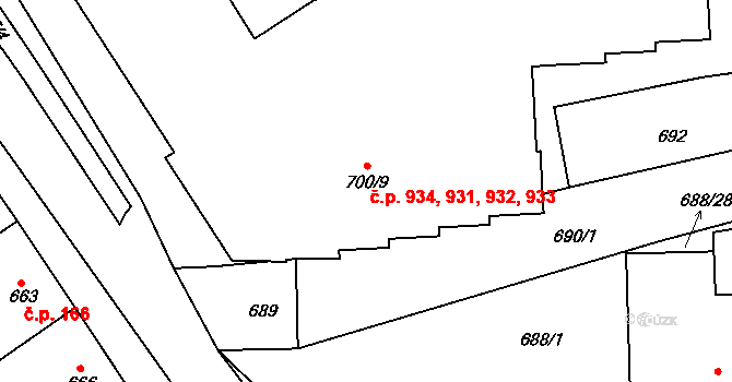 Rajhrad 931,932,933,934 na parcele st. 700/9 v KÚ Rajhrad, Katastrální mapa