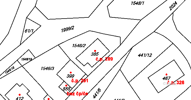 Ryžoviště 289 na parcele st. 385 v KÚ Ryžoviště, Katastrální mapa