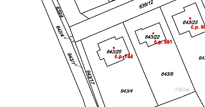 Lipence 744, Praha na parcele st. 643/25 v KÚ Lipence, Katastrální mapa